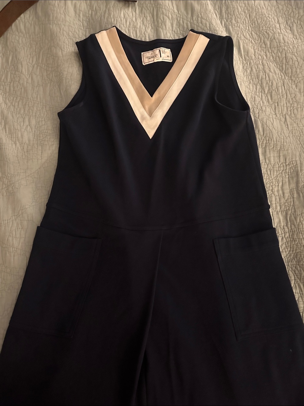 CHOCOOLATE Navy Cream V Neck Pinafore Jumper Dress Pockets XS